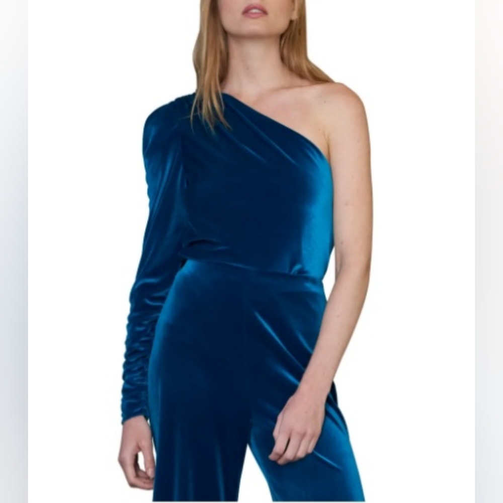 ML Monique Lhuillier One Shoulder Velvet Top Ruched Sleeve Blue Size S - Picture 2 of 15